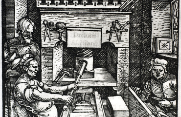 Marque typographique de l’imprimeur parisien Josse Bade, présentant son imprimerie.